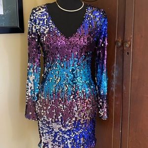 Holiday, New Year’s Eve Sequin Dress- Purple Black Teal Blue Ombré Size S- Mini
